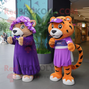 Purple Saber-Toothed Tiger mascot costume character dressed with a Midi Dress and Beanies