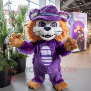 Purple Saber-Toothed Tiger mascot costume character dressed with a Midi Dress and Beanies
