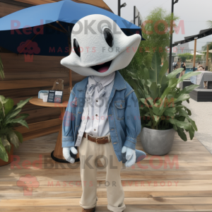 White Stingray mascot costume character dressed with a Chambray Shirt and Tie pins