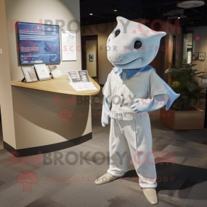 White Stingray mascot costume character dressed with a Chambray Shirt and Tie pins