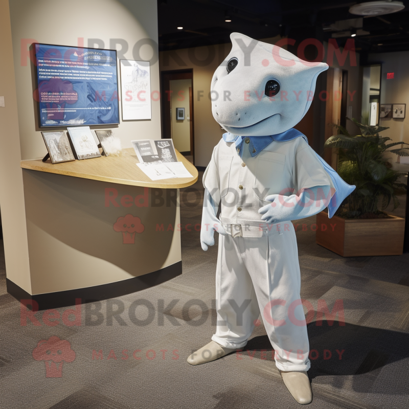 White Stingray mascot costume character dressed with a Chambray Shirt and Tie pins White Stingray mascot costume character dressed with a Chambray Shirt and Tie pins