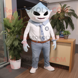White Stingray mascot costume character dressed with a Chambray Shirt and Tie pins