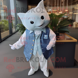 White Stingray mascot costume character dressed with a Chambray Shirt and Tie pins