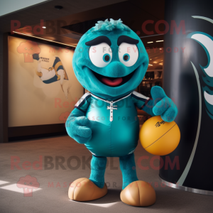 Teal Rugby Ball mascot costume character dressed with a Dress and Belts