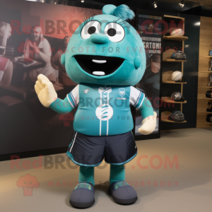Teal Rugby Ball mascot costume character dressed with a Dress and Belts