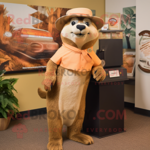 Tan Mongoose mascot costume character dressed with a Pencil Skirt and Hat pins