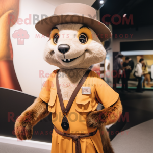 Tan Mongoose mascot costume character dressed with a Pencil Skirt and Hat pins