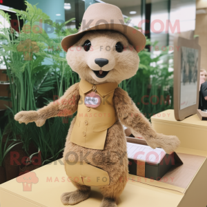 Tan Mongoose mascot costume character dressed with a Pencil Skirt and Hat pins