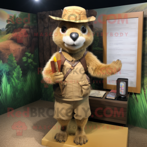 Tan Mongoose mascot costume character dressed with a Pencil Skirt and Hat pins