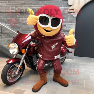 Maroon Currywurst mascot costume character dressed with a Biker Jacket and Shoe clips