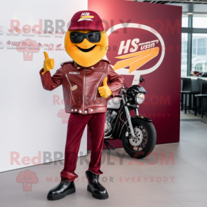 Maroon Currywurst mascot costume character dressed with a Biker Jacket and Shoe clips