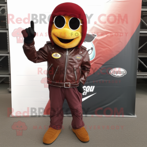 Maroon Currywurst mascot costume character dressed with a Biker Jacket and Shoe clips