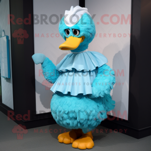 Cyan Fried Chicken mascot costume character dressed with a Empire Waist Dress and Cummerbunds