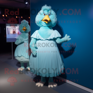 Cyan Fried Chicken mascot costume character dressed with a Empire Waist Dress and Cummerbunds