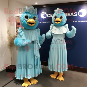 Cyan Fried Chicken mascot costume character dressed with a Empire Waist Dress and Cummerbunds