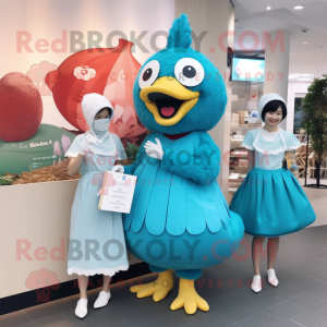 Cyan Fried Chicken mascot costume character dressed with a Empire Waist Dress and Cummerbunds