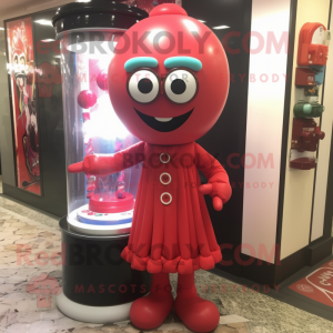 Red Gumball Machine mascot costume character dressed with a Evening Gown and Eyeglasses