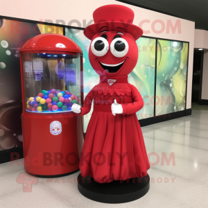 Red Gumball Machine mascot costume character dressed with a Evening Gown and Eyeglasses