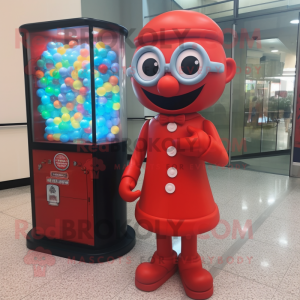 Red Gumball Machine mascot costume character dressed with a Evening Gown and Eyeglasses