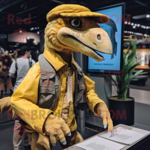 Yellow Utahraptor mascot costume character dressed with a Cargo Pants and Lapel pins