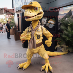 Yellow Utahraptor mascot costume character dressed with a Cargo Pants and Lapel pins