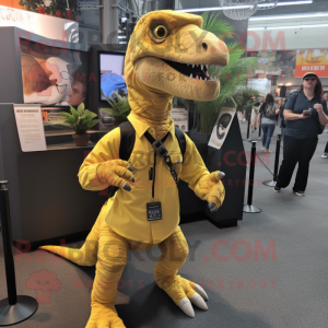 Yellow Utahraptor mascot costume character dressed with a Cargo Pants and Lapel pins