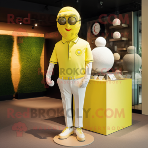 Lemon Yellow Golf Ball mascot costume character dressed with a Henley Shirt and Cufflinks