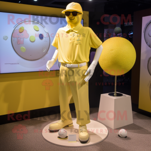 Lemon Yellow Golf Ball mascot costume character dressed with a Henley Shirt and Cufflinks