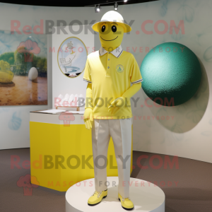 Lemon Yellow Golf Ball mascot costume character dressed with a Henley Shirt and Cufflinks
