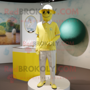 Lemon Yellow Golf Ball mascot costume character dressed with a Henley Shirt and Cufflinks