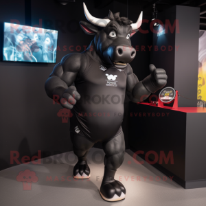 Black Bull mascot costume character dressed with a Running Shorts and Ties