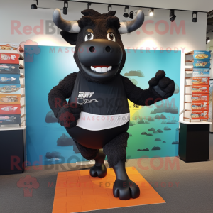 Black Bull mascot costume character dressed with a Running Shorts and Ties