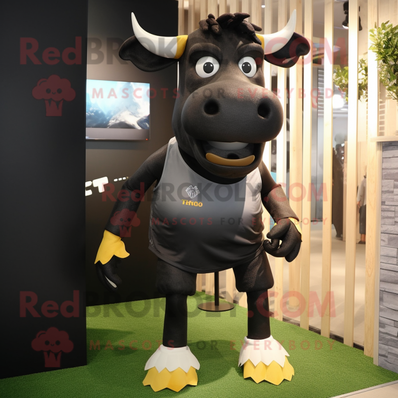 Black Bull mascot costume character dressed with a Running Shorts and Ties Black Bull mascot costume character dressed with a Running Shorts and Ties