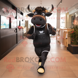 Black Bull mascot costume character dressed with a Running Shorts and Ties