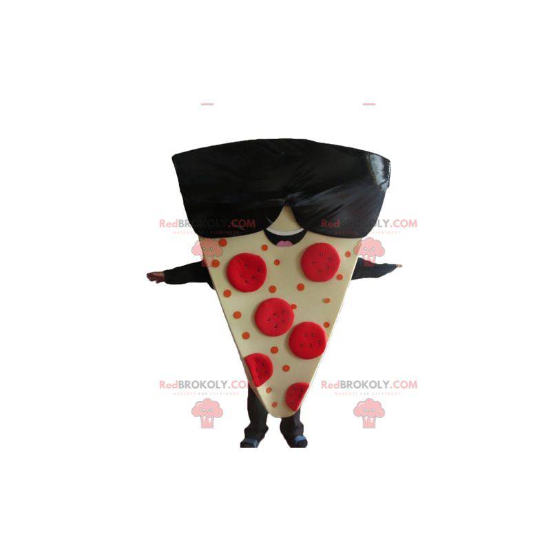 Mascote gigante de fatia de pizza com óculos de sol -