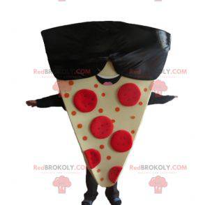 Mascote gigante de fatia de pizza com óculos de sol -