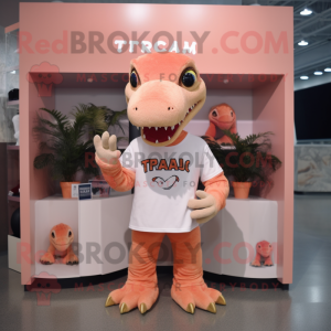 Peach Tyrannosaurus mascot costume character dressed with a T-Shirt and Headbands