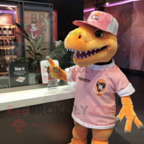 Peach Tyrannosaurus mascot costume character dressed with a T-Shirt and Headbands