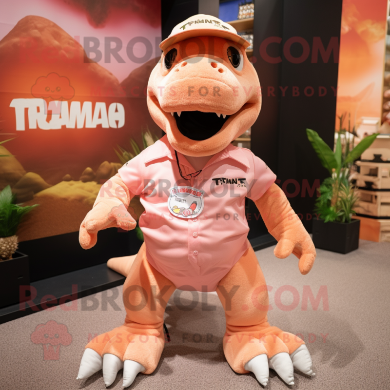 Peach Tyrannosaurus mascot costume character dressed with a T-Shirt and Headbands