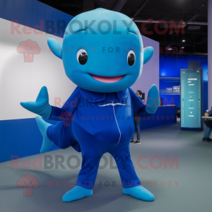 Blue Whale mascot costume character dressed with a Bodysuit and Smartwatches