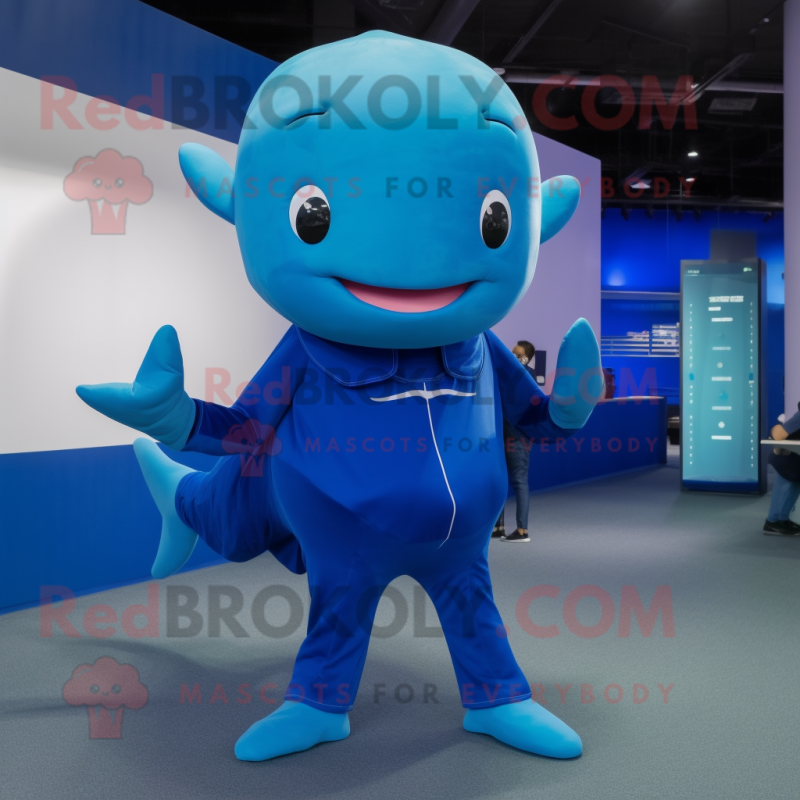 Blue Whale mascot costume character dressed with a Bodysuit and Smartwatches