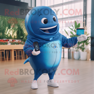 Blue Whale mascot costume character dressed with a Bodysuit and Smartwatches