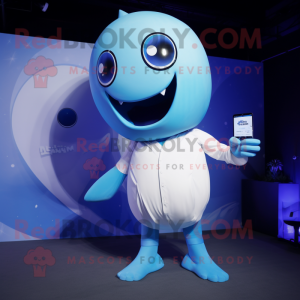 Blue Whale mascot costume character dressed with a Bodysuit and Smartwatches