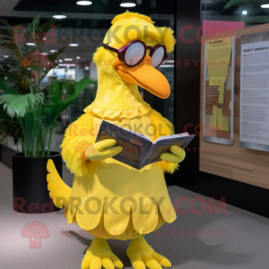 Yellow Dodo Bird mascot costume character dressed with a Wrap Skirt and Reading glasses