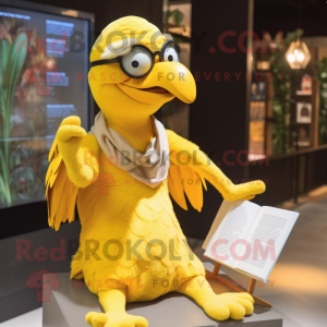 Yellow Dodo Bird mascot costume character dressed with a Wrap Skirt and Reading glasses