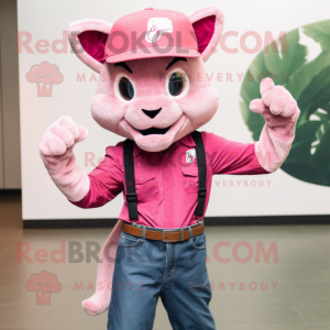 Pink Bobcat mascot costume character dressed with a Jeans and Hats