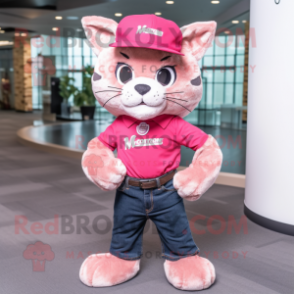 Pink Bobcat mascot costume character dressed with a Jeans and Hats