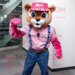 Pink Bobcat mascot costume character dressed with a Jeans and Hats
