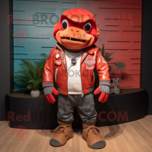 Red Ceviche mascot costume character dressed with a Leather Jacket and Necklaces