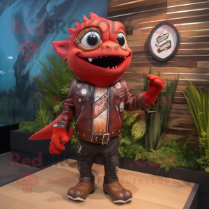 Red Ceviche mascot costume character dressed with a Leather Jacket and Necklaces